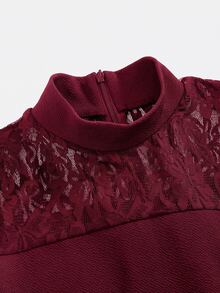 SHEIN 青少年女孩紅色蕾絲拼接洋裝，舒適柔軟休閒百搭時尚優雅正式場合 - 酒紅色 - 查看 3