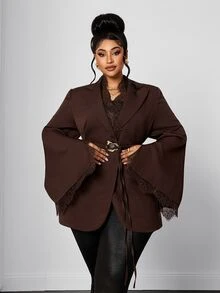 Maweii Plus Size Women's Lace Patchwork Metal Decor Commute Travel Long Sleeve Blazer - Brown - View 4