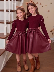 SHEIN Tween Girls Fall Winter Elegant Cute Patchwork Dress, Pearl Beaded Puff Long Sleeve Knit Top Bow Belted A-Line For Thanksgiving Party Formal - Burgundy - View 1