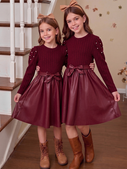 SHEIN Tween Girls Fall Winter Elegant Patchwork Dress, Pearl Beaded Puff Long Sleeve Knit Top Bow Belted A-Line Flared Dresses For Holiday Party