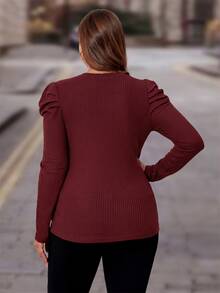 SHEIN Clasi Plus Size Button Details Puff Sleeve T-Shirt Fall - Burgundy - View 2