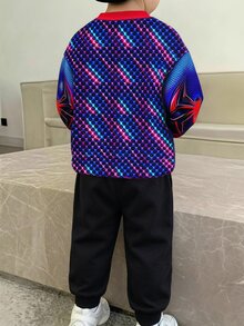 小男孩紅色聖誕萬聖節藍黑長袖圓領運動衫套裝，針織保暖內裡加厚冬季上衣童裝 - 彩色 - 查看 2