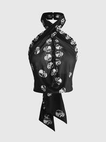ROMWE Grunge Punk Gothic Black & White Skull Print Square Scarf Cross Halter Sexy Backless Tie Strap Tank Top For Women - Black - View 1