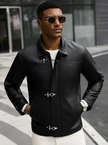 Manfinity CasualCool جاكيت جلد كاجوال للرجال مع إبزيم طائرة - الأسود - مشاهدة 1