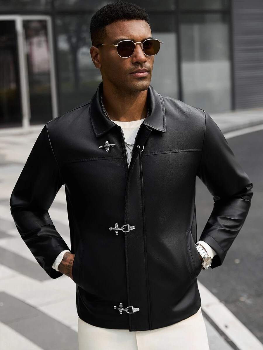 Manfinity CasualCool جاكيت جلد كاجوال للرجال مع إبزيم طائرة - الأسود - مشاهدة 1