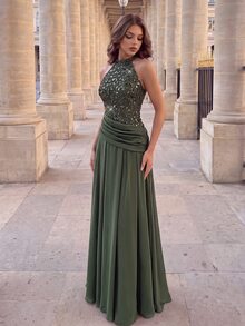 Poshira High-End Evening Gown With Sequins, Shiny And Elegant Pleated Halter Neck Luxury Dress - Army Green - View 5