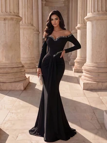 Coutiva Women's Rhinestone Decorated Off-Shoulder Long Sleeve Fitted Elegant Formal Evening Gown (Heavy Embellished) - Black - View 4
