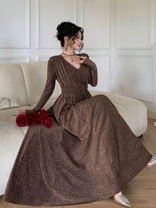 DAZY Autumn Women's Elegant Sequin One-Shoulder Mermaid Mid-Length Dress - Coffee - View 5