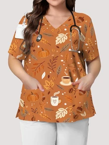 PopScrub Pumpkin Leaf Coffee Print Khaki Plus Size Nurse Uniform, V-Neck Short Sleeve Pocket Split Workwear Top, All Seasons Inner & Outerwear, Autumn Vibe - Multicolor - View 1