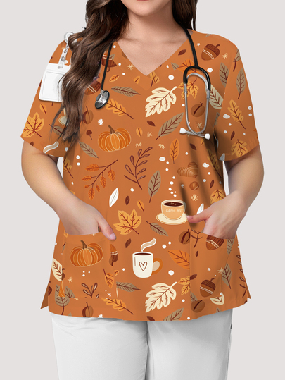 PopScrub Pumpkin Leaf Coffee Print Khaki Plus Size Nurse Uniform, V-Neck Short Sleeve Pocket Split Workwear Top, All Seasons Inner & Outerwear, Autumn Vibe