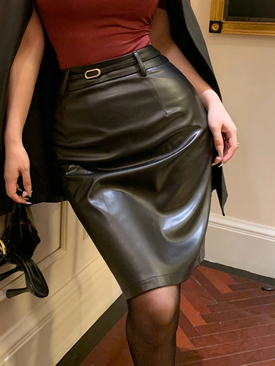 DAZY Women's Elegant Solid Color PU Leather Belt Mid-Length Skirt - Black - View 1
