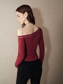 MOTF PREMIUM ASYMMETRICAL SHOULDER RUCHED WAIST LONG SLEEVE T-SHIRT - Burgundy - View 2
