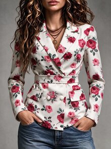 Vavine Rose Print Long Sleeve Lapel Tie Waist Blazer Jacket For Women - Multicolor - View 5