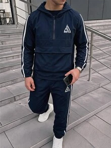 兒童青少年男孩半拉鍊連帽外套與慢跑長褲 2 件套，休閒運動風，適合秋冬 - 彩色 - 查看 3
