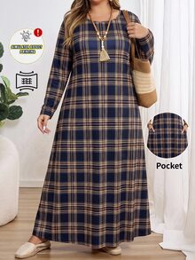 EMERY ROSE Plus Size Casual Plaid Long Sleeve Vacation Dress - Multicolor - View 3