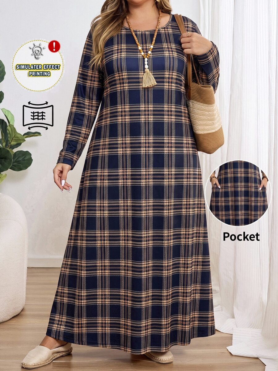 EMERY ROSE Plus Size Colorblock Pocket Round Neck Long Sleeve Dress Elegant Formal Fall Winter 2026 - Multicolor - View 1