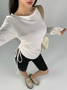 DAZY Women's Solid Color Pleated Casual Daily Travel Sports T-Shirt - White - View 9
