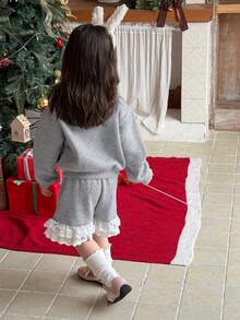 DAZY Baby Girl Contrast Lace Button Half-Placket Long Sleeve Sweatshirt And Shorts Cute Set - Light Grey - View 3