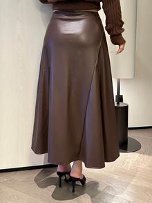 Dazy Plus Autumn/Winter High Waist Button Decor Solid Color A-Line Commuter Style Long Skirt - Brown - View 2