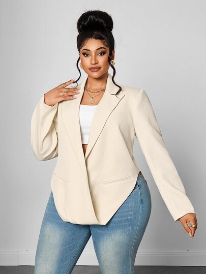 Maweii Plus Size Women's Oatmeal Color Criss-Cross Wrap V-Neck Blouse With Asymmetrical Curved Hem Long Sleeve Commuter Top