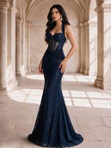 Coutiva Women's Lace Boning Sexy Formal Evening Gown Dress (Heavy Workmanship Style) - Blue - View 2