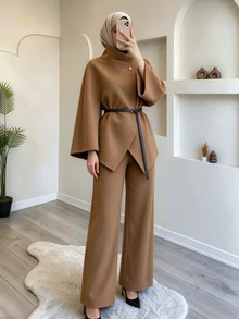Celisse طقم نسائي من قطعتين: جاكيت بياقة واقفة من مزيج الصوف & بنطلون واسع الساق - كاكي - مشاهدة 5