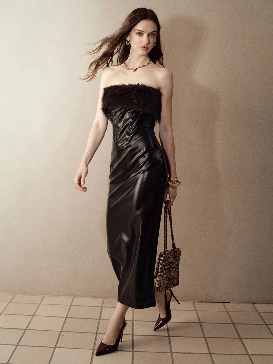 MOTF PREMIUM DETACHABLE FUR COLLAR STRAPLESS PU FITTED SLIT LONG DRESS - Dark Red - View 1