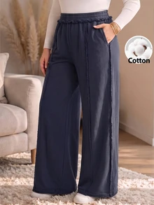 Rosumi Women's Plus Size Solid Color Casual Daily Wear Long Pants Fall Winter 2026 Loose-Fitting Dark Blue Washed Trousers - Blue - View 9