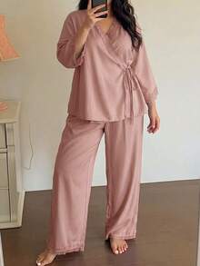 Dazy Plus 休閒極簡不對稱前綁帶上衣與長褲2件套居家服優雅睡衣套裝 - 珊瑚粉 - 查看 2