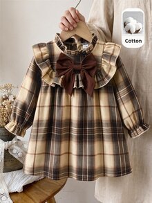 SHEIN 女嬰編織格紋荷葉邊裝飾 3D 蝴蝶結休閒洋裝 - 彩色 - 查看 4