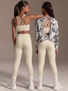 SHEIN مجموعة 3 قطع للفتيات المراهقات، كاميسول + بنطال ضيق + تي شيرت بأكمام طويلة، أنماط ارتداء متعددة، مناسبة لمختلف المناسبات ودرجات الحرارة، سهلة التنسيق والمطابقة - بيج - مشاهدة 1