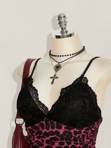 SHEIN ICON 女款大尺碼蕾絲拼接豹紋細肩帶背心 - 彩色 - 查看 6