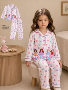 SHEIN 2件組女童幼兒舒適柔軟保暖可愛公主風彩色花卉圖案粉色阻燃開襟翻領長袖褲子睡衣套裝 - 白色 - 查看 2