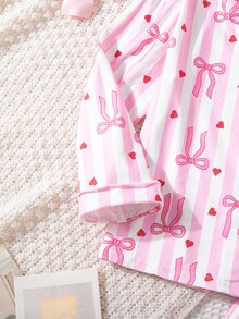 SHEIN 女童可愛休閒針織粉色蝴蝶結圖案長袖居家服套裝 - 粉色 - 查看 6