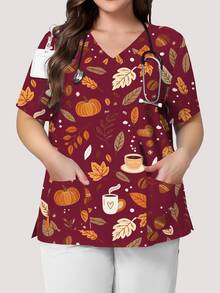 PopScrub Pumpkin Leaf Coffee Print Khaki Plus Size Nurse Uniform, V-Neck Short Sleeve Pocket Split Workwear Top, All Seasons Inner & Outerwear, Autumn Vibe - Multicolor - View 1