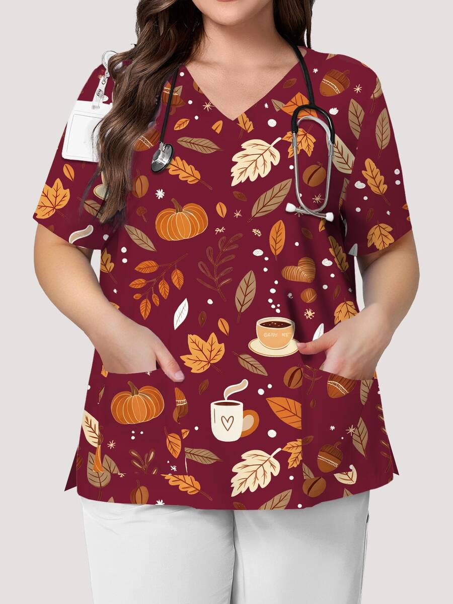 PopScrub Pumpkin Leaf Coffee Print Khaki Plus Size Nurse Uniform, V-Neck Short Sleeve Pocket Split Workwear Top, All Seasons Inner & Outerwear, Autumn Vibe - Multicolor - View 1