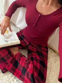 SweetSlumber Women's Casual Home Plaid Long Sleeve Pants Pajama Set - Red - View 3