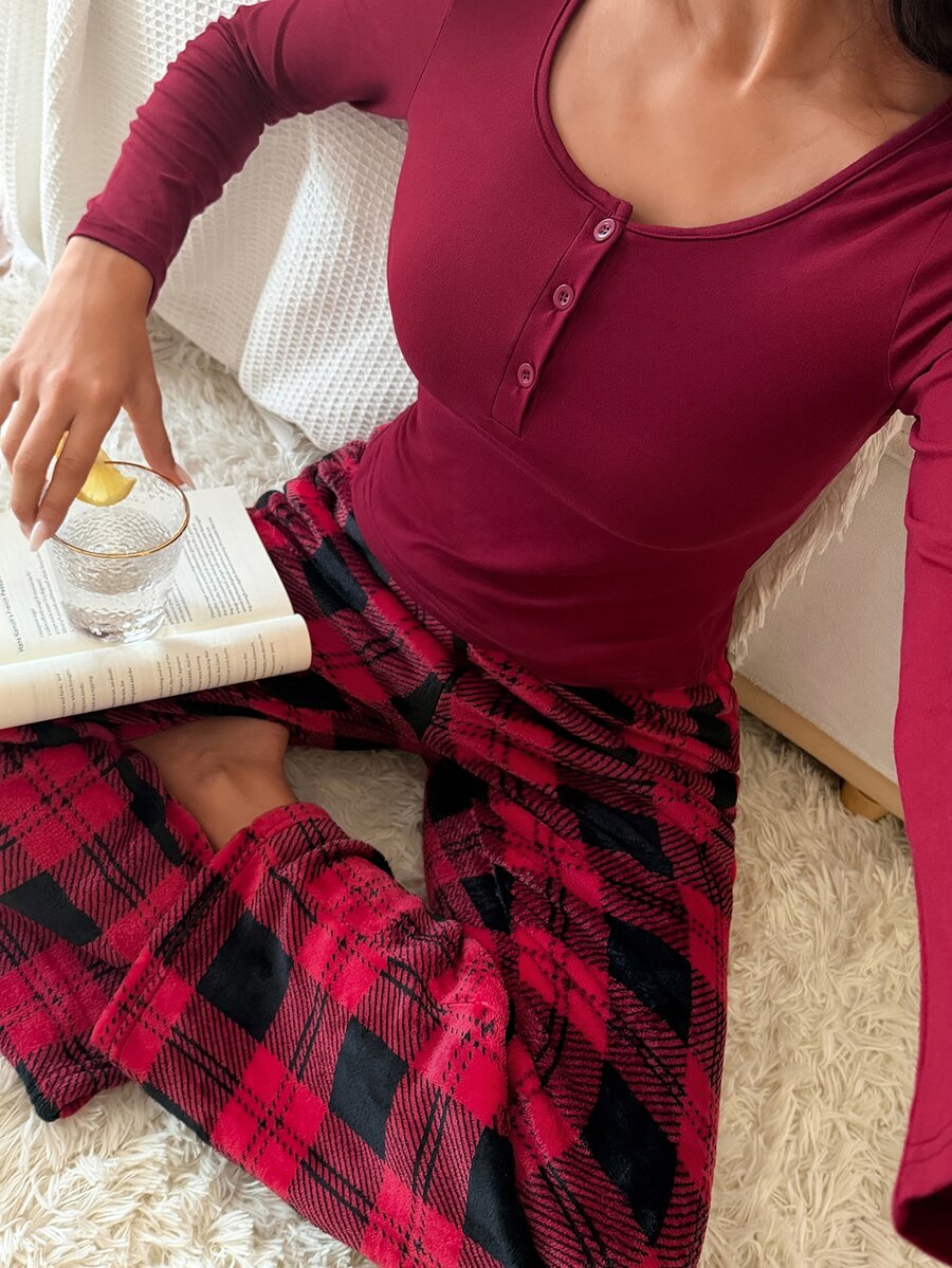 SweetSlumber Women's Casual Home Plaid Long Sleeve Pants Pajama Set - Red - View 1