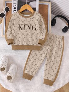 2pcs/Set Letter Pattern All-Over Print Apricot Crew Neck Sweatshirt & Sweatpants Set For Boys - Black - View 2