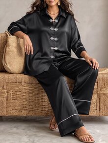 Linhara CURVE Women's Fashion Casual Long Sleeve Lapel Contrast Color Frog Button Satin Blouse And Elastic Waist Wide Leg Pants 2 Pieces Set, Suitable For Daily Commute And Outing Wear - Black - View 7