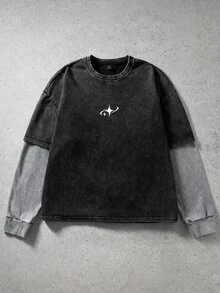 ROMWE MEN Street Life Men's Plus Size Star Print Patchwork Long Sleeve T-Shirt - Black - View 1