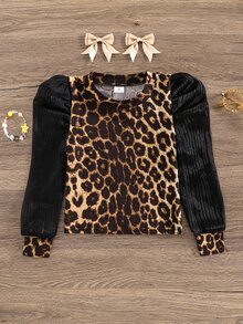 Young Girl Leopard Print Mesh Patchwork Casual Daily T-Shirt - Black - View 4