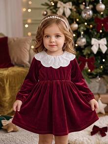 Baby Girl Velvet Thick Long Sleeve Ruched Waist Lace Embroidered Peter Pan Collar Loose Long Dress Suitable For Winter Christmas - Burgundy - View 1