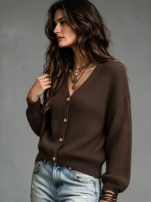 SHEIN Franclia Women's Autumn/Winter Knitted Floral Button V-Neck Cardigan - Coffee Brown - View 1