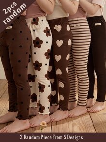 SHEIN [2pcs Randomly Sent]5pcs Randomly Sent 2pcs Spring All Season Girls Polka Dot Heart Stripe Floral Sweet Cute Versatile Soft Comfortable Ribbed Knit Leggings Multi-Piece Set - Multicolor - View 1