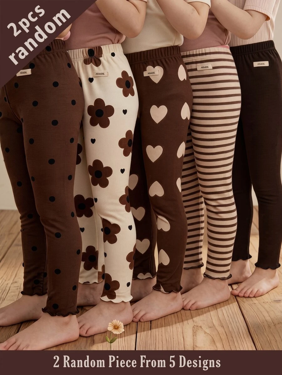 SHEIN [2pcs Randomly Sent]5pcs Randomly Sent 2pcs Spring All Season Girls Polka Dot Heart Stripe Floral Sweet Cute Versatile Soft Comfortable Ribbed Knit Leggings Multi-Piece Set - Multicolor - View 1