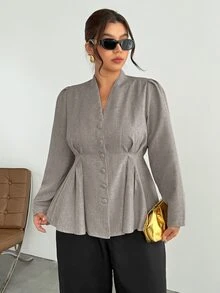 Firerie Slimming Pleated-Waist Shirt / Elegant Plus-Size Long-Sleeve Grey Workwear Top / Button-Front / Blazer-Style - Grey - View 6