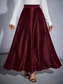 SHEIN Tall 高腰純色喇叭派對女款大寬擺裙，適合高個女性 - 紫紅色 - 查看 6