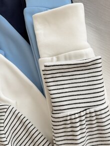 SHEIN 2件組新生兒嬰兒上衣褲子套裝 可愛藍色白色海軍藍條紋熊圖案 側開扣長袖交叉領 加厚毛絨款 生日派對秋季假期穿著 - 藍色 - 查看 7
