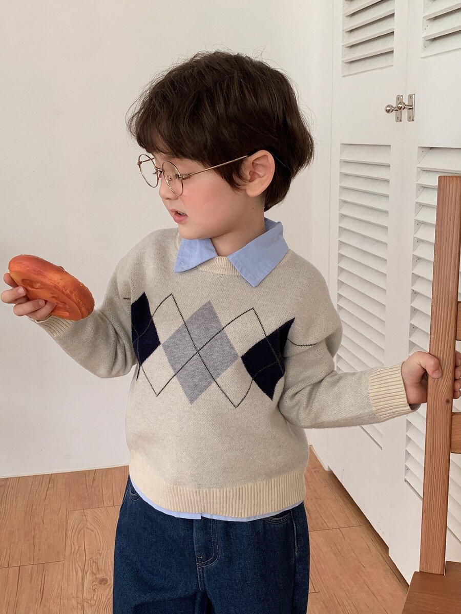 DAZY Infant/Toddler (Boys) Round Neck Diamond Grid Korean Style Long Sleeve Sweater - Grey - View 1